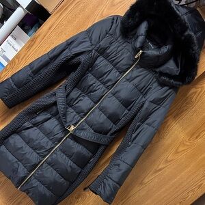 Via Spiga Black Quilted Puffer Coat with Faux-Fur Trim
